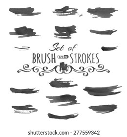 Black watercolor brush strokes. Vector various scribbles and stains isolated on white background.