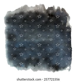 Black watercolor sky background and white stars seamless pattern