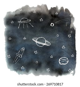 Black watercolor sky background and white hand drawn cosmos objects