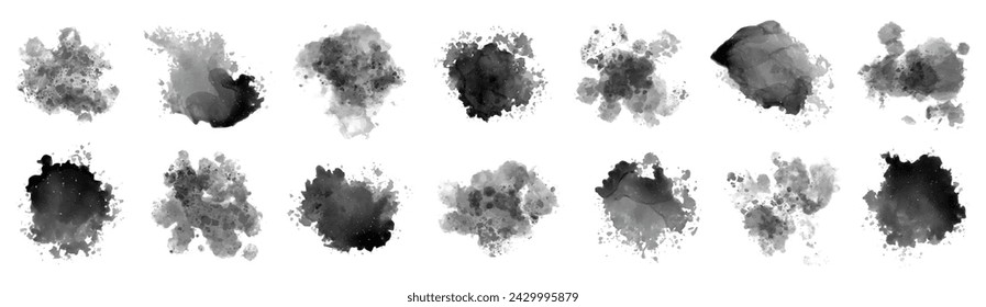 Black watercolor splashes texture collection. Set of black watercolor circles. Abstract watercolor splash collection. Splash of paints with drops