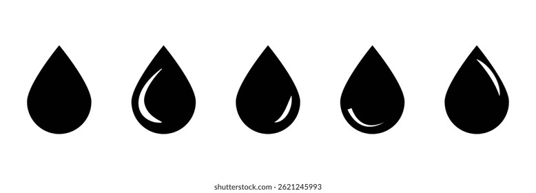 Black waterdrop icon graphics isolated on a white background. Rain drip liquid logo. Water or rain drops shape icons set. Droplet sign. Vector illustration. Eps file 11.