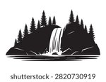 Black Waterfall Cliff Forest Silhouette Isolated on White Background