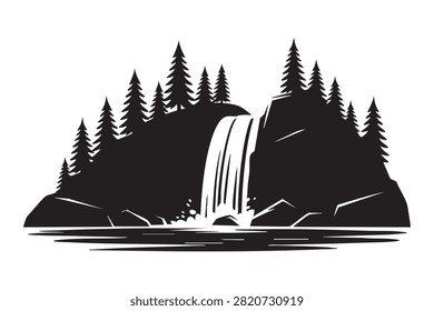 Black Waterfall Cliff Forest Silhouette Isolated on White Background