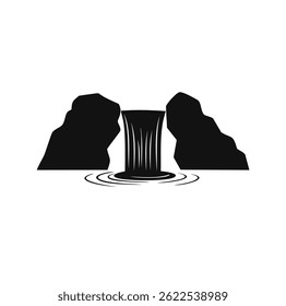 Black waterfall silhouette flowing between cliffs into rippling water