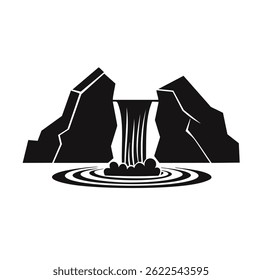 Black waterfall silhouette flowing between cliffs into rippling water.