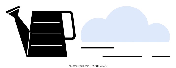 Black watering can beside a light blue cloud. Ideal for gardening, nature, weather, simplicity, icon design. Style is minimalist, modern, clean