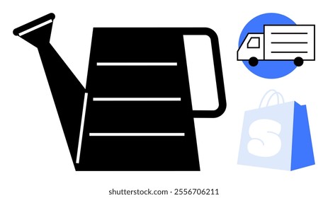 Black watering can with handle and spout, delivery truck in circle on blue background and shopping bag with a white letter S. Ideal for gardening, e-commerce, shipping, retail and online shopping