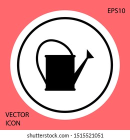 Black Watering can icon isolated on red background. Irrigation symbol. White circle button. Vector Illustration
