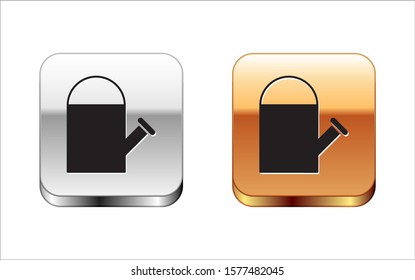 Black Watering can icon isolated on white background. Irrigation symbol. Silver-gold square button. Vector Illustration