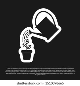 Black Watering can sprays water drops above flower in pot icon isolated on black background. Irrigation symbol.  Vector Illustration