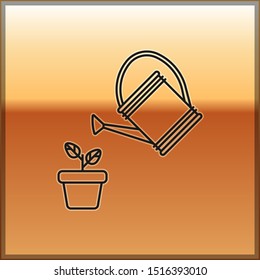 Black Watering can sprays water drops above plant in pot icon isolated on gold background. Irrigation symbol.  Vector Illustration