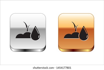 Black Watering sprout icon isolated on white background. Seed and seedling. Irrigation symbol. Leaf nature. Silver-gold square button. Vector Illustration