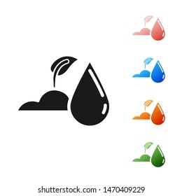 Black Watering sprout icon isolated on white background. Seed and seedling. Irrigation symbol. Leaf nature. Set icons colorful. Vector Illustration