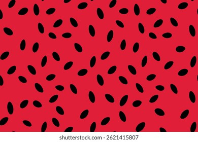 Schwarzes Wassermelonen-Samenmuster auf rotem Hintergrund, minimalistische Vektorgrafik.
