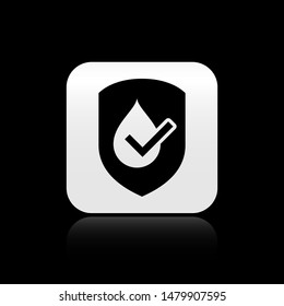 Black Waterproof icon isolated on black background. Water resistant or liquid protection concept. Silver square button. Vector Illustration