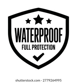 A black waterproof label icon featuring a shield shape, star, and checkmark, isolated on a