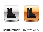 Black Waterproof rubber boot icon isolated on white background. Gumboots for rainy weather, fishing, gardening. Silver-gold square button. Vector Illustration
