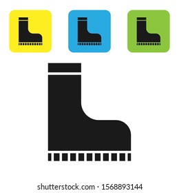 Black Waterproof rubber boot icon isolated on white background. Gumboots for rainy weather, fishing, gardening. Set icons colorful square buttons. Vector Illustration