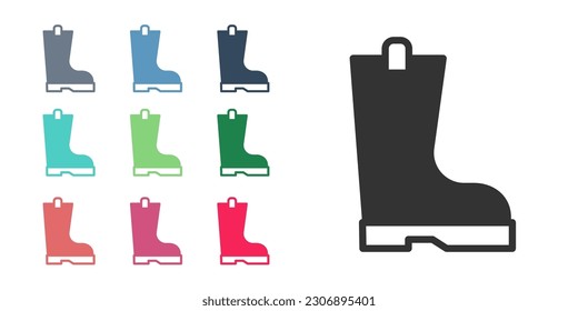 Black Waterproof rubber boot icon isolated on white background. Gumboots for rainy weather, fishing, gardening. Set icons colorful. Vector