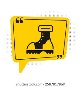 Black Waterproof rubber boot icon isolated on white background. Gumboots for rainy weather, fishing, gardening. Yellow speech bubble symbol. Vector