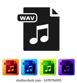 Black WAV file document. Download wav button icon isolated on white background. WAV waveform audio file format for digital audio riff files. Set icons in color square buttons. Vector Illustration