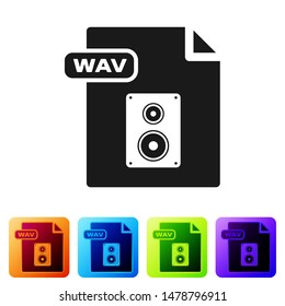 Black WAV file document. Download wav button icon isolated on white background. WAV waveform audio file format for digital audio riff files. Set icons in color square buttons. Vector Illustration