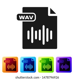 Black WAV file document. Download wav button icon isolated on white background. WAV waveform audio file format for digital audio riff files. Set icons in color square buttons. Vector Illustration