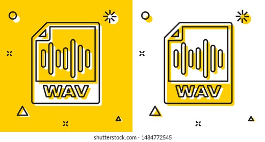 Black WAV file document. Download wav button icon isolated on yellow and white background. WAV waveform audio file format for digital audio riff files. Random dynamic shapes. Vector Illustration