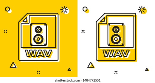 Black WAV file document. Download wav button icon isolated on yellow and white background. WAV waveform audio file format for digital audio riff files. Random dynamic shapes. Vector Illustration