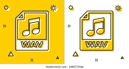 Black WAV file document. Download wav button icon isolated on yellow and white background. WAV waveform audio file format for digital audio riff files. Random dynamic shapes. Vector Illustration