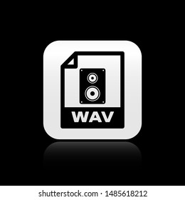 Black WAV file document. Download wav button icon isolated on black background. WAV waveform audio file format for digital audio riff files. Silver square button. Vector Illustration