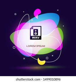 Black WAV file document. Download wav button icon isolated on dark blue background. WAV waveform audio file format for digital audio riff files. Abstract banner with liquid shapes. Vector Illustration