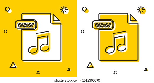 Black WAV file document. Download wav button icon isolated on yellow and white background. WAV waveform audio file format for digital audio riff files. Random dynamic shapes. Vector Illustration