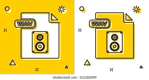 Black WAV file document. Download wav button icon isolated on yellow and white background. WAV waveform audio file format for digital audio riff files. Random dynamic shapes. Vector Illustration