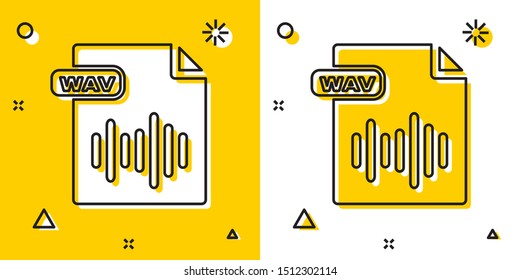 Black WAV file document. Download wav button icon isolated on yellow and white background. WAV waveform audio file format for digital audio riff files. Random dynamic shapes. Vector Illustration