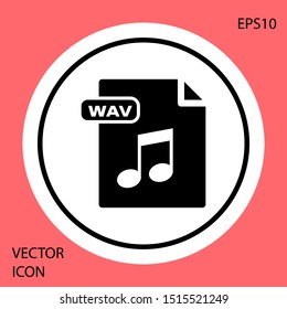 Black WAV file document. Download wav button icon isolated on red background. WAV waveform audio file format for digital audio riff files. White circle button. Vector Illustration