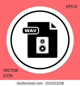 Black WAV file document. Download wav button icon isolated on red background. WAV waveform audio file format for digital audio riff files. White circle button. Vector Illustration