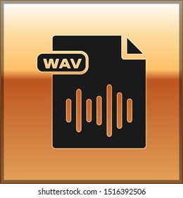 Black WAV file document. Download wav button icon isolated on gold background. WAV waveform audio file format for digital audio riff files.  Vector Illustration