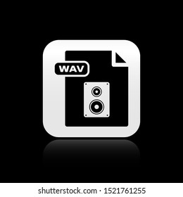 Black WAV file document. Download wav button icon isolated on black background. WAV waveform audio file format for digital audio riff files. Silver square button. Vector Illustration