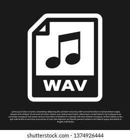 Black WAV file document icon. Download wav button icon isolated on black background. WAV waveform audio file format for digital audio riff files. Vector Illustration