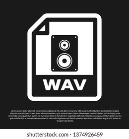 Black WAV file document icon. Download wav button icon isolated on black background. WAV waveform audio file format for digital audio riff files. Vector Illustration