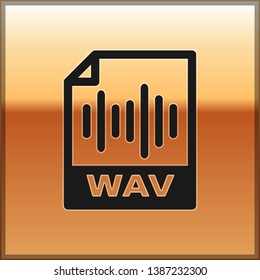 Black WAV file document icon. Download wav button icon isolated on gold background. WAV waveform audio file format for digital audio riff files. Vector Illustration