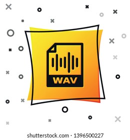 Black WAV file document icon. Download wav button icon isolated on white background. WAV waveform audio file format for digital audio riff files. Yellow square button. Vector Illustration