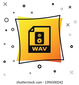 Black WAV file document icon. Download wav button icon isolated on white background. WAV waveform audio file format for digital audio riff files. Yellow square button. Vector Illustration