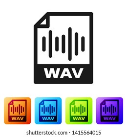 Black WAV file document icon. Download wav button icon isolated on white background. WAV waveform audio file format for digital audio riff files. Set icon in color square buttons. Vector Illustration