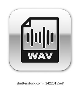 Black WAV file document icon. Download wav button icon isolated on white background. WAV waveform audio file format for digital audio riff files. Silver square button. Vector Illustration