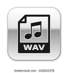 Black WAV file document icon. Download wav button icon isolated on white background. WAV waveform audio file format for digital audio riff files. Silver square button. Vector Illustration