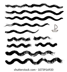 black wave brush strokes vector set background. Artistic lines grunge collection. Set of black grungy hand painted sea brush strokes isolated on white. Abstract ink texture, design elements.