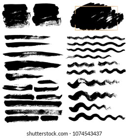 black wave brush strokes vector set background. Artistic lines grunge collection. Set of black grungy hand painted sea brush strokes isolated on white. Abstract ink texture, design elements.