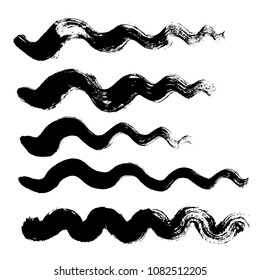 black wave brush strokes vector set background. Artistic lines grunge collection. Set of black grungy hand painted sea brush strokes isolated on white. Abstract ink texture, design elements.